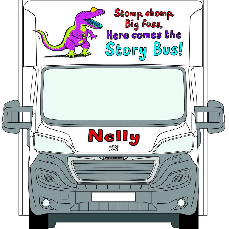Front view of Nelly the Story Bus