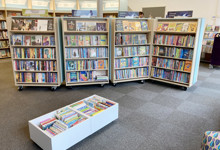 Small library interior design — compact community library space planning with warm wood ceiling