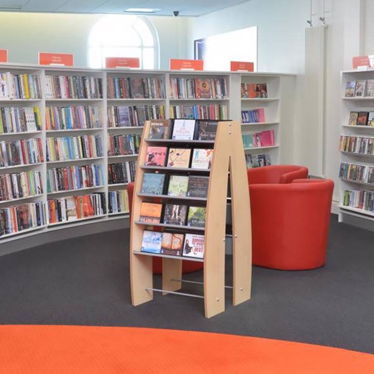 Large print and audiobooks area with seating, Llandudno Library
