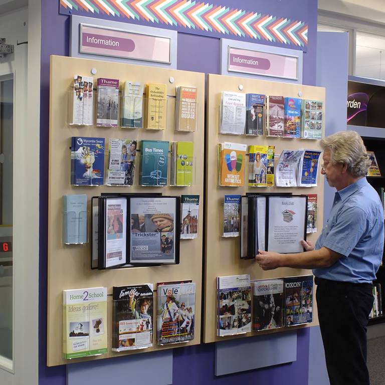 Leaflets and posters neatly managed in one spot, Thame Library