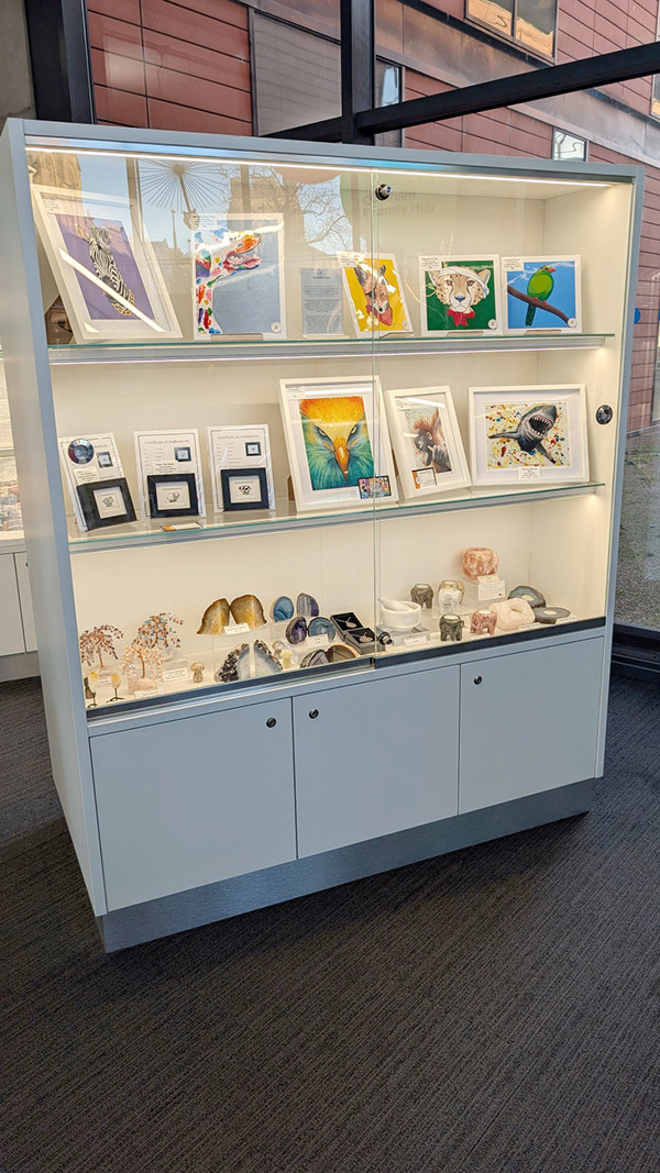 Illuminated display cabinet showcasing art prints and decorative items in the retail area at Oldham Library & Gallery Shop – display cabinets with lighting