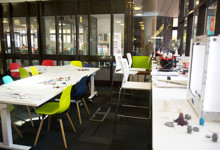 Library makerspace design with custom tables, equipment storage and colourful maker zone furniture