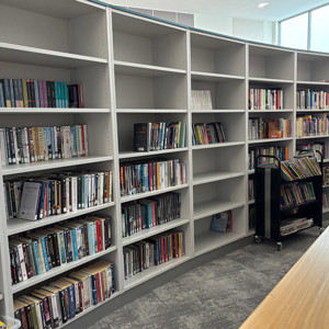 Deep storage shelving behind lightbox wall