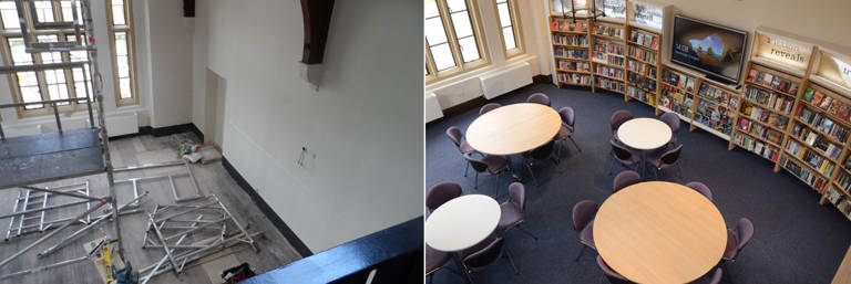 View to the ground floor study/events space (before and after)