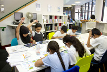 Library makerspace design with custom tables, equipment storage and colourful maker zone furniture