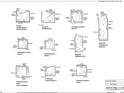 Floor plan of various wellbeing pod layouts including Armley, Compton, and Crossgates at Leeds Wellbeing Pods