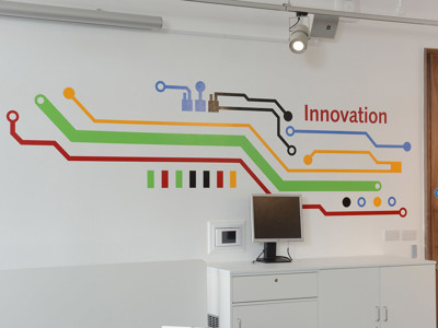 Colourful circuit-inspired wall graphics with the word "Innovation" above a computer station at Stafford Innovation Suite