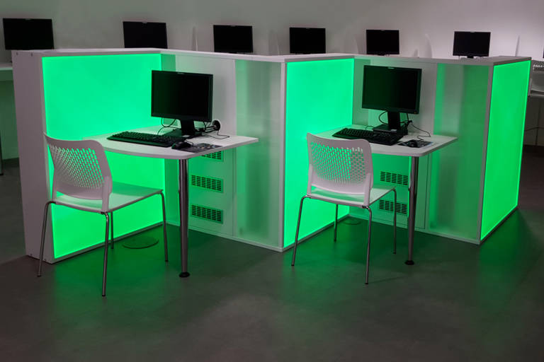 Green lighting at computer desks