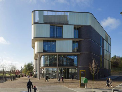 Modern architectural design with large glass windows and layered façades at Southwater Library