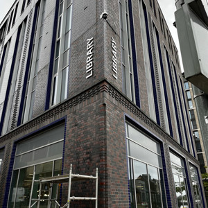 Exterior signage during installation