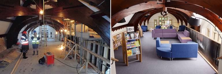 View towards mezzanine (before and after)