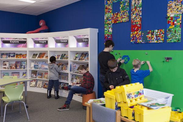 Ingersoll Library, Oxford County, Ontario Lego books next to Lego wall