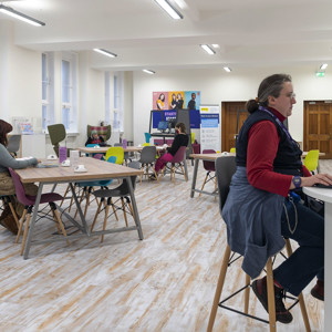 Space in use with staff info point - photo credit Tim Simpson Photography