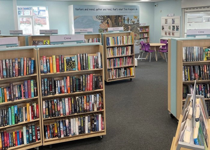 Small library interior design — compact community library space planning with warm wood ceiling