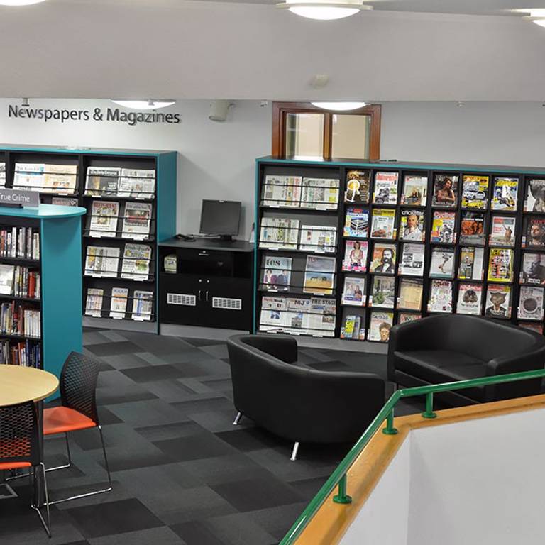 Seating and tables near magazines and newspapers, Redbridge Library