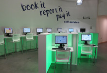 Council contact and advice library design — customer service zone with advice desks and waiting area at Southwater Library
