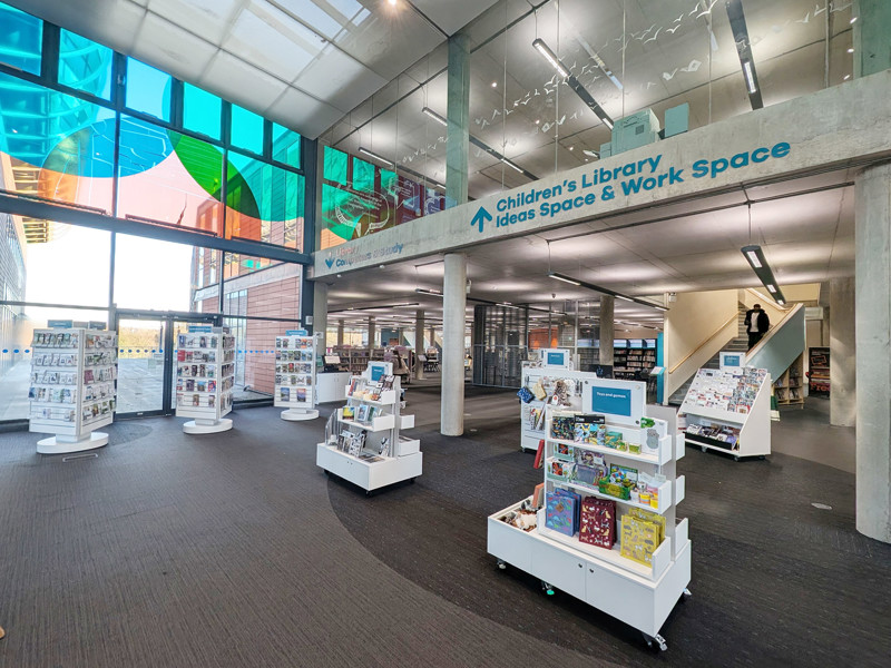 View through shop to library