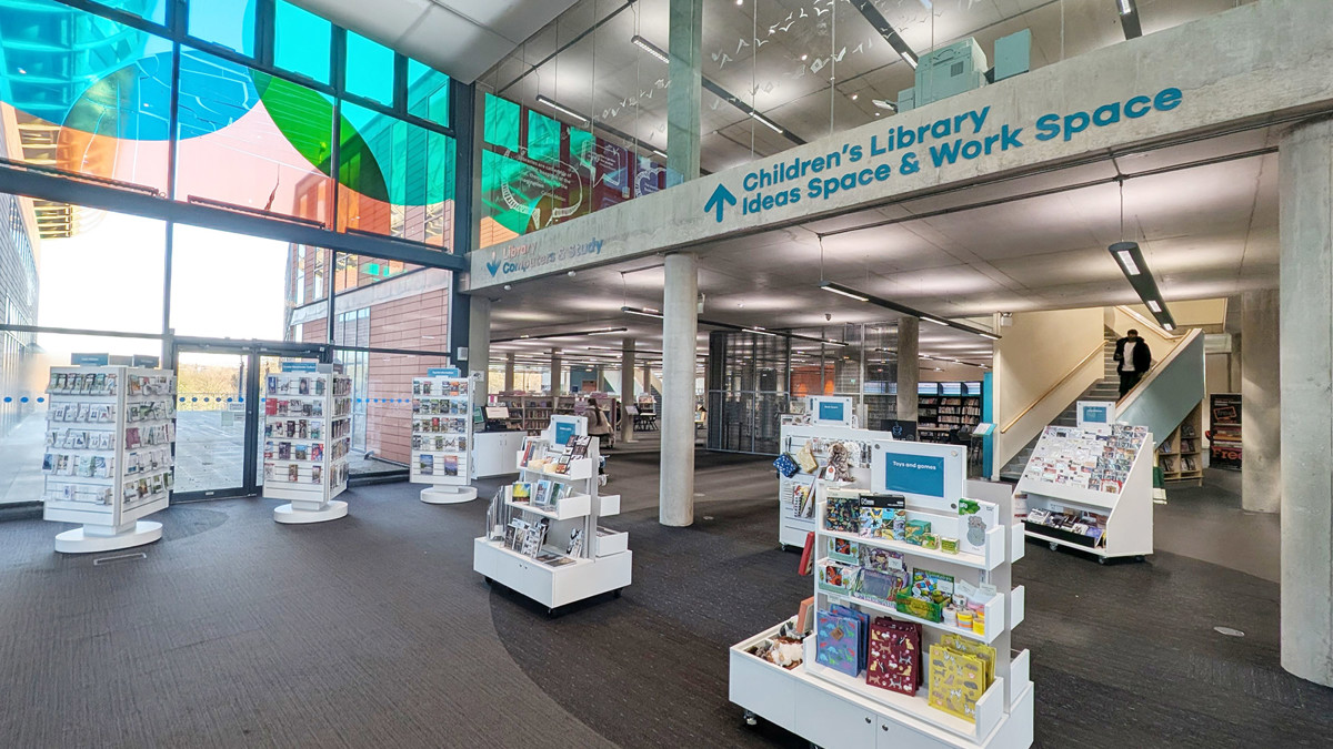 View through shop to library