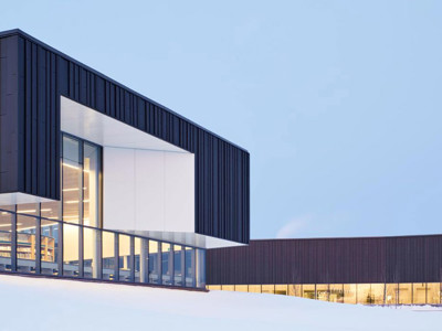 Modern architectural design with large glass windows and angular features at Sherwood Library, Ontario