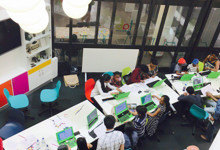 Library makerspace design with custom tables, equipment storage and colourful maker zone furniture