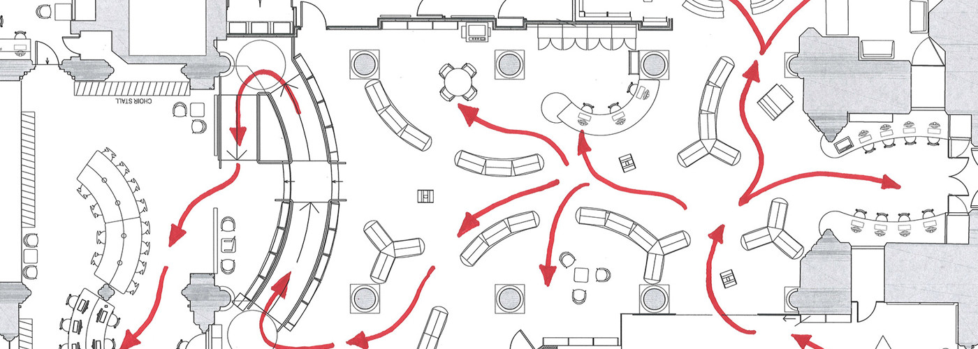 Customer flow analysis diagram showing how library visitors move through a space.