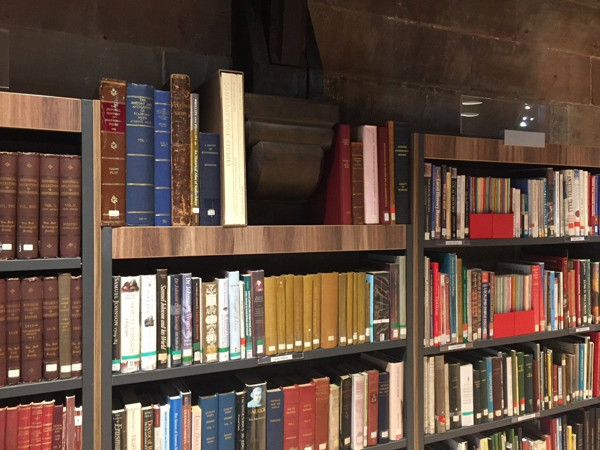 Bookshelves filled with a variety of coloured books and decorative architectural details at Lichfield Library