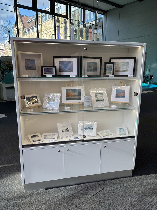 Display unit showcasing framed artworks and photographs in a retail area at Oldham Library & Gallery Shop – local artists