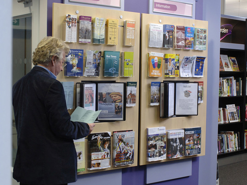 Library leaflet display design — smart information display furniture in a public library entrance