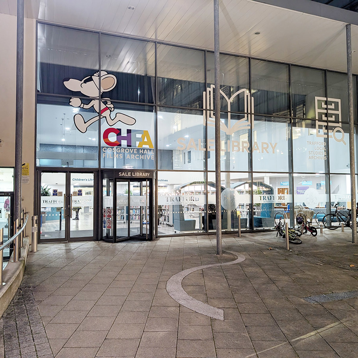 Exterior signage at dusk