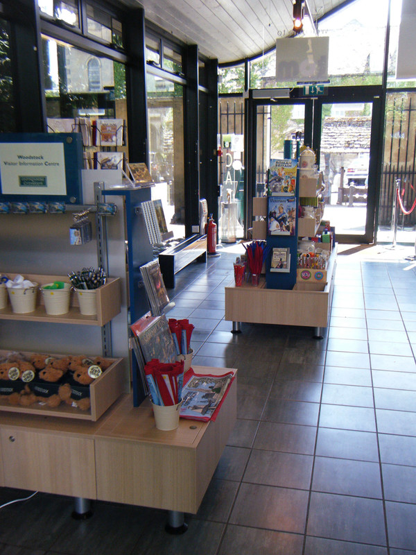 Wooden display units with stationery and souvenirs in a retail area at Woodstock Museum Shop
