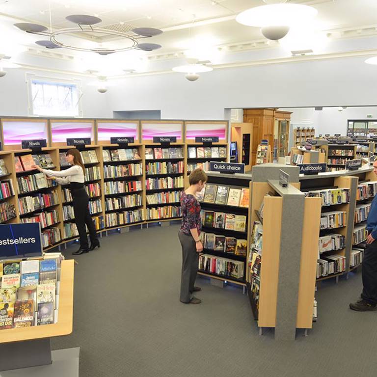 Retail-style lightbox bookcases, Gateshead Central Library