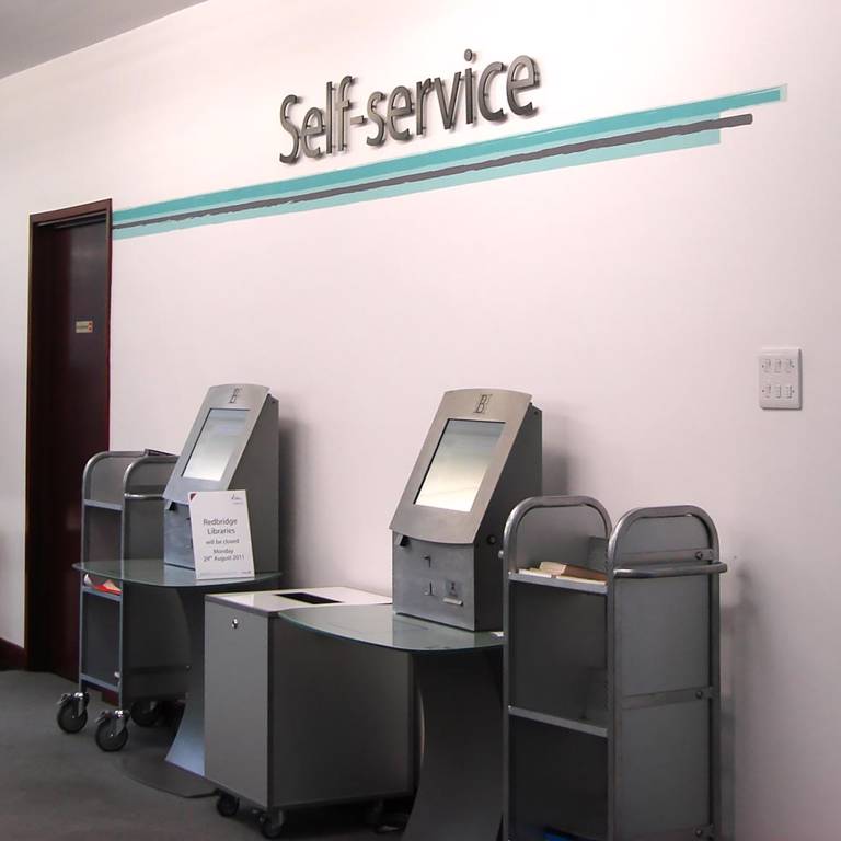 High impact signage in self-service area, Redbridge Library