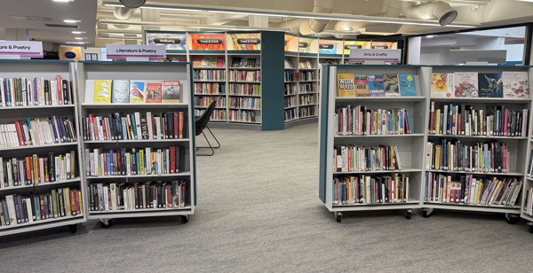 Two mobile shelving units displaying a variety of books in the literature and arts sections at Sale Library